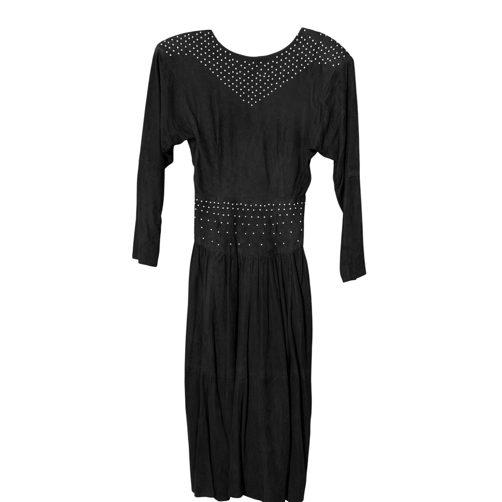 Lambskin Suede Vintage Black 80s Studded Goth Edgy Midi Dress Cocktail Western